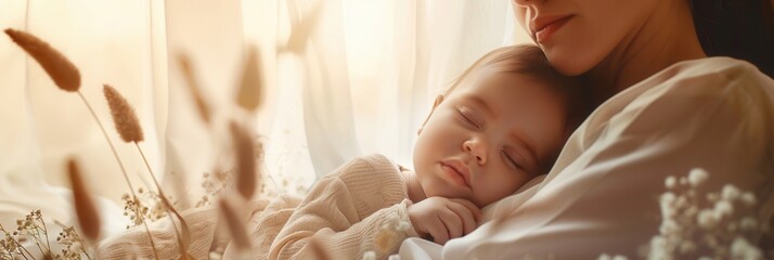 Poster - A mother cradles her sleeping baby in her arms, bathed in the gentle light of a nearby window. Generative AI