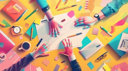 Fototapete - Collaborative business planning session with multiple hands on a desk filled with office supplies and documents. Great for teamwork, brainstorming, and productivity themes