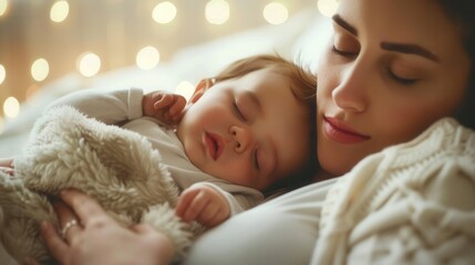 Poster - A mother gently cradles her sleeping baby in a peaceful bedroom setting, creating a calming and serene atmosphere. Generative AI