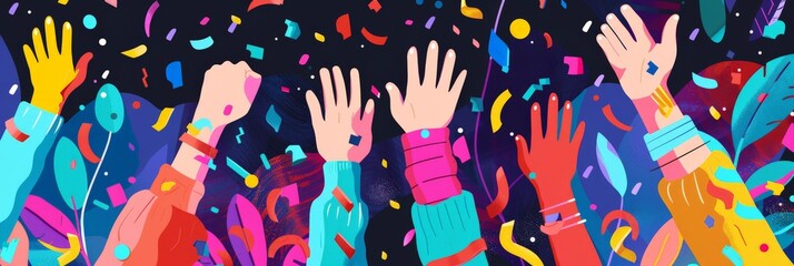 Poster - Festive scene with colorful hands and confetti against a dark background. Perfect for celebrating business success, milestones, and joyful events