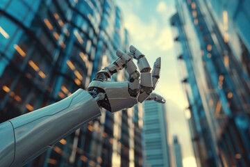 Poster - a robotic hand extending upwards towards a building with glass and metal exterior