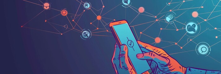 Poster - Abstract networking illustration with hands using smartphone and various social media icons. Great for concepts of connectivity, communication, and digital interaction