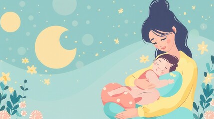 Poster - A mother gently cradles her sleeping baby under a peaceful night sky. Generative AI