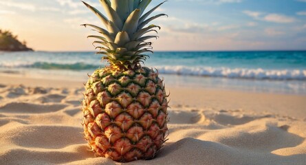 Wall Mural - Pineapple on exotic sand beach at sunrise light, sea background.