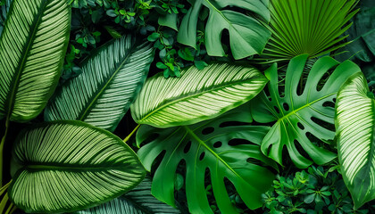Wall Mural - Nature leaves, green tropical forest, Fresh green ornamental plants. backgound concept