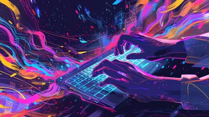 Aufkleber - Hands typing on keyboard with swirling digital graphics. Ideal for technology, business, and data analytics concepts. Suitable for modern office environments