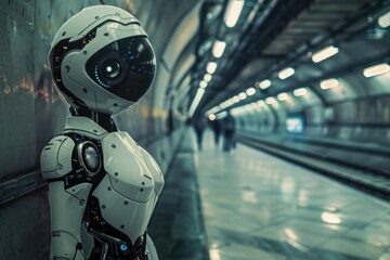 Aufkleber - A robot stands in a busy subway station, surrounded by people and train tracks