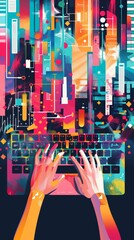 Aufkleber - Hands on laptop keyboard with dynamic data visualizations. Perfect for business, financial analysis, and digital marketing themes. Suitable for professional presentations