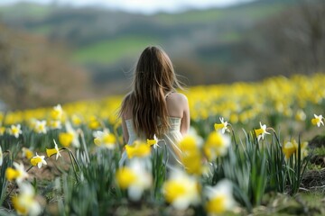 Wall Mural - A woman stands amidst a bright yellow flower field with tall grasses and blue skies