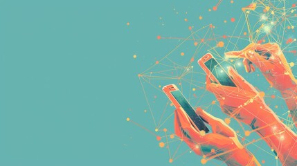 Poster - Hands holding smartphones with interconnected network graphics on a teal background. Ideal for technology, business, and social media themes