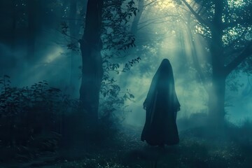 Wall Mural - enchanted halloween night mysterious witch with flowing dark robes conjures magical energies in mist