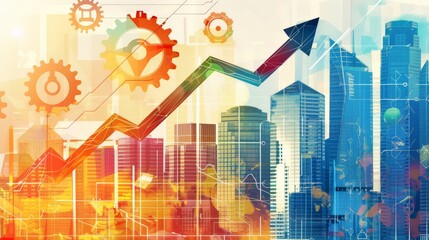 Fototapete - Colorful gears and upward arrow with cityscape background symbolizing business growth and financial success. Perfect for corporate presentations and business reports