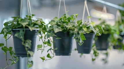 Canvas Print - Ivy plant growing in plastic hanging pots