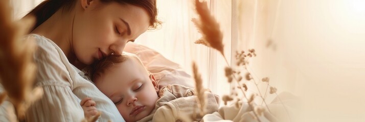 Poster - A mother leans down and kisses her sleeping babys forehead, capturing a moment of peaceful slumber. Generative AI