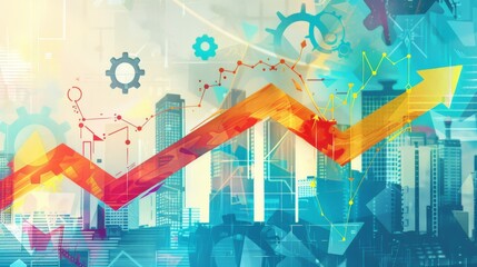 Fototapete - Colorful abstract cityscape with upward arrow and gears representing business growth and financial success. Ideal for corporate presentations and financial reports