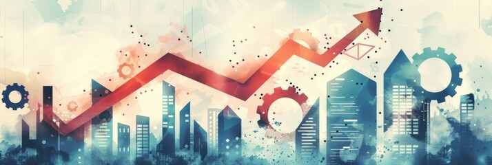 Fototapete - Futuristic cityscape with upward arrow and gears symbolizing business growth and financial trends. Perfect for business presentations and economic strategy reports