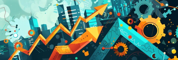 Fototapete - Abstract cityscape with gears and upward arrow representing business growth and financial success. Ideal for corporate presentations and business strategy reports