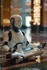 Wall Mural - A white robot sitting on a table with a calm and static pose