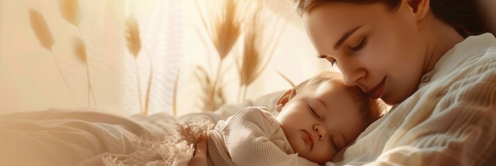 Poster - A mother lovingly watches over her sleeping baby, creating a calming and serene atmosphere. Generative AI
