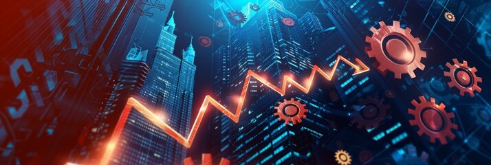 Poster - Abstract business cityscape with upward arrow and gears symbolizing financial growth and economic trends. Perfect for business presentations and financial strategy reports