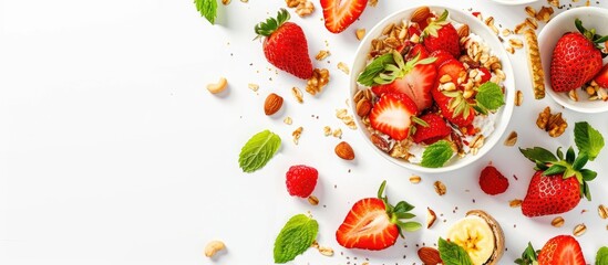 Wall Mural - Healthy food concept with muesli, strawberry salad, fresh fruit, and nuts on a white surface