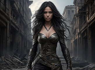 Brunette warrior woman wearing armor in a post apocalyptic city. Lady in a dystopian desolate urban landscape