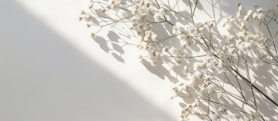 Canvas Print - Close-up of white baby's breath flowers on a white background with sunlight shadows and copy space.