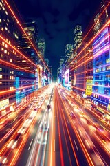 Poster - Vibrant city at night with bustling traffic and neon lights, showcasing the dynamic energy and fast-paced urban life