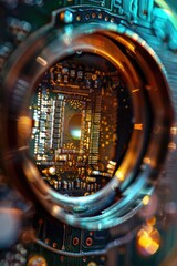Poster - A close-up view of a circuit board through a magnifying lens, useful for electronics or science illustrations