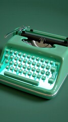 green typewriter with a glowing keyboard on a green surface