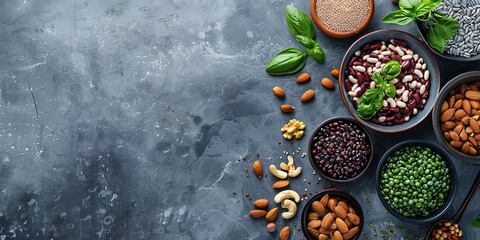 Wall Mural - Vegan food with nuts, beans, greens and seeds. A gray background with copy space