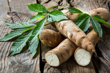 Sticker - Cassava root and green leaves on a wooden table in Brazil