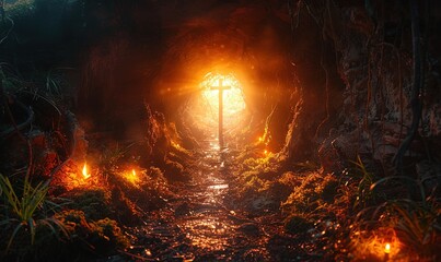 Wall Mural - The crucifixion of Jesus Christ concept, a cave with a bright light in it