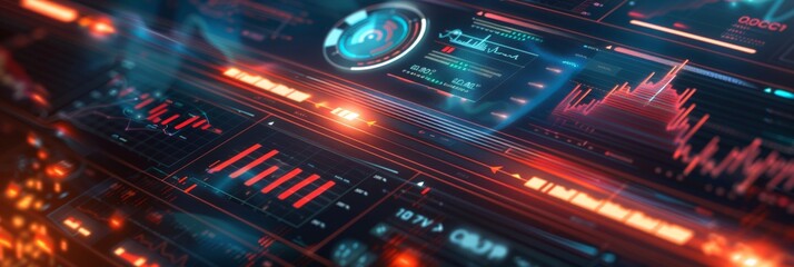 Poster - Abstract red and blue financial data charts and graphs on a digital interface. Concept of market analysis and business growth