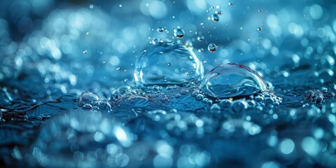 Poster - Closeup of a water droplet creating ripples on a blue surface, capturing the serene and dynamic motion of liquid in nature