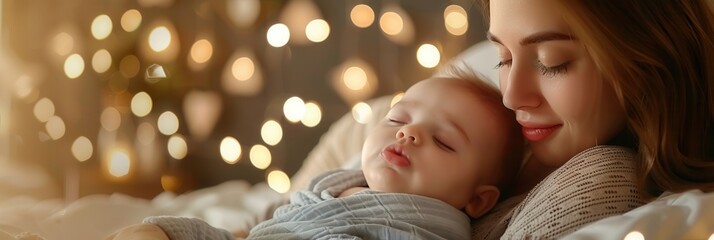 Poster - A mother lovingly gazes upon her sleeping baby, creating a serene and peaceful scene. Generative AI