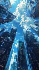 Wall Mural - Skyscrapers reflecting the sky with futuristic cityscape perspective. Ideal for modern business backgrounds and corporate presentations