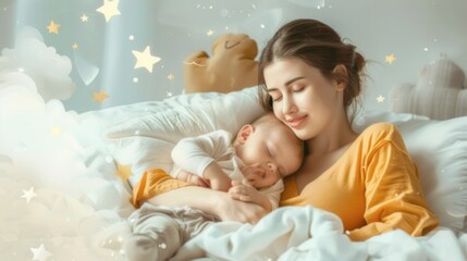 Poster - A mother gently cradles her sleeping baby in a soft, white bed. The scene is serene and calming, perfect for creating a comforting atmosphere. Generative AI