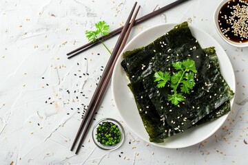 Sticker - Chopped nori with sesame on white table top view