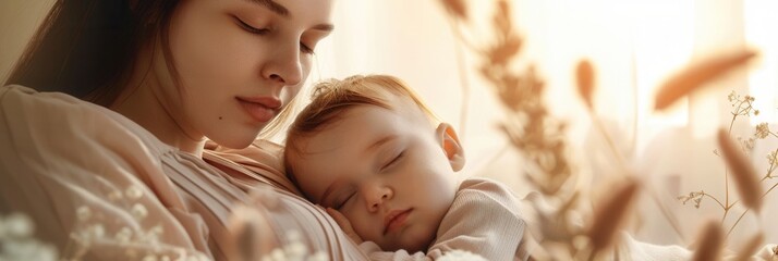Poster - A mother gently cradles her sleeping baby, creating a peaceful and serene scene. Generative AI