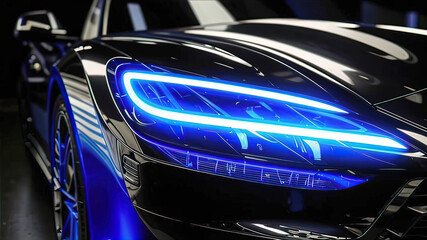 Wall Mural - Close-up of car headlight with xenon light on black sports car