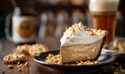 Canvas Print - a slice of peanut butter pie with whipped cream topping and crushed peanuts, served on a plate with a background setting of a beverage and cookies