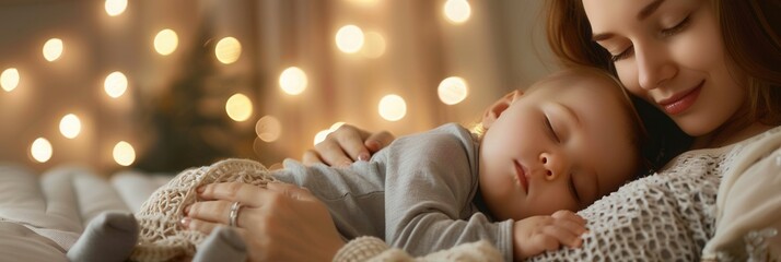 Poster - A mother lovingly holds her sleeping baby in a warm and cozy environment, creating a serene and peaceful moment. Generative AI