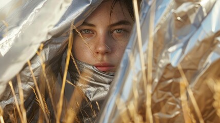 A woman seeking cover behind a sheet in a rural field, with possible uses in storytelling or as a symbol of secrecy