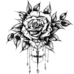 A black and white drawing of a rose with a cross hanging from it. The rose is the main focus of the drawing, and the cross is hanging from it, creating a sense of connection between the two