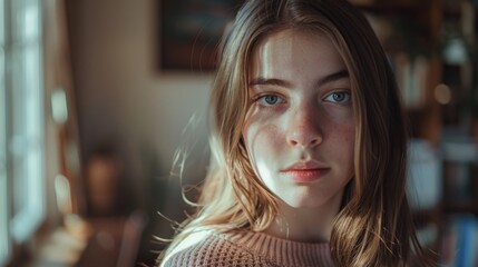 Wall Mural - A close-up shot of a young woman with noticeable freckles on her face, looking directly at the camera