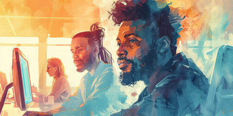 Poster - A digital illustration depicting two men, one with dreadlocks and the other with a beard, working on computers in a modern office setting