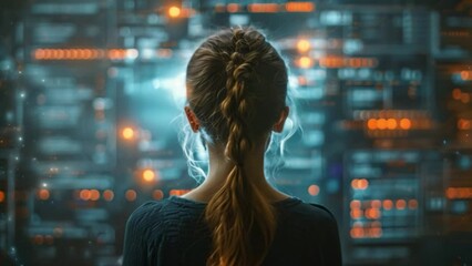 Poster - This Woman looking at digital screen with blue and orange lights.