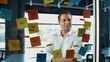 © Summit Art Creations - Portrait of professional businessman analysis marketing idea on sticky notes. Smiling caucasian manager thinking and decide about marketing campaign from creative business ideas. Manipulator.