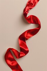 Wall Mural - A single red ribbon lying flat on a white surface